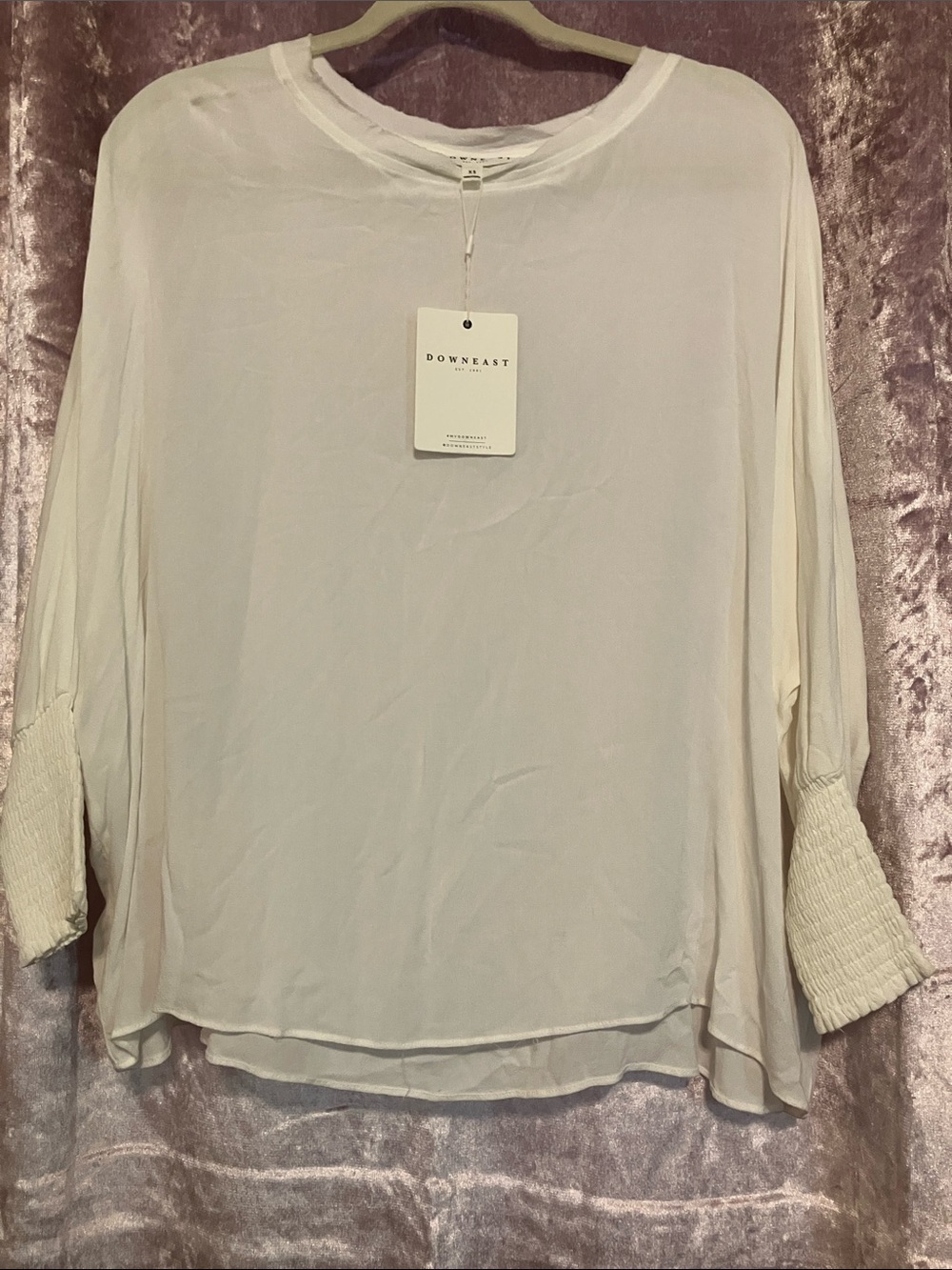 DownEast Cream Long Sleeve Blouse with Smocked Cuffs and Crew Neck
